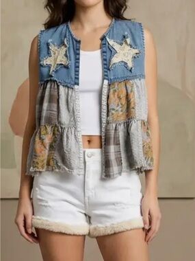 Young Threads Boho Patchwork Star Appliqué Denim Vest